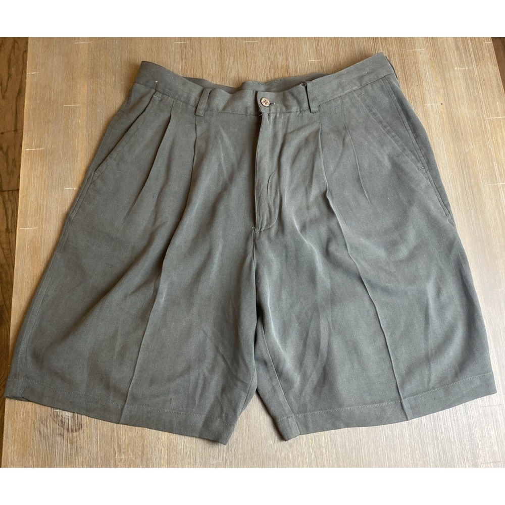 Caribbean Mens 100% Silk‎ Dress Shorts 34/8 Dark Olive Pleated Preppy